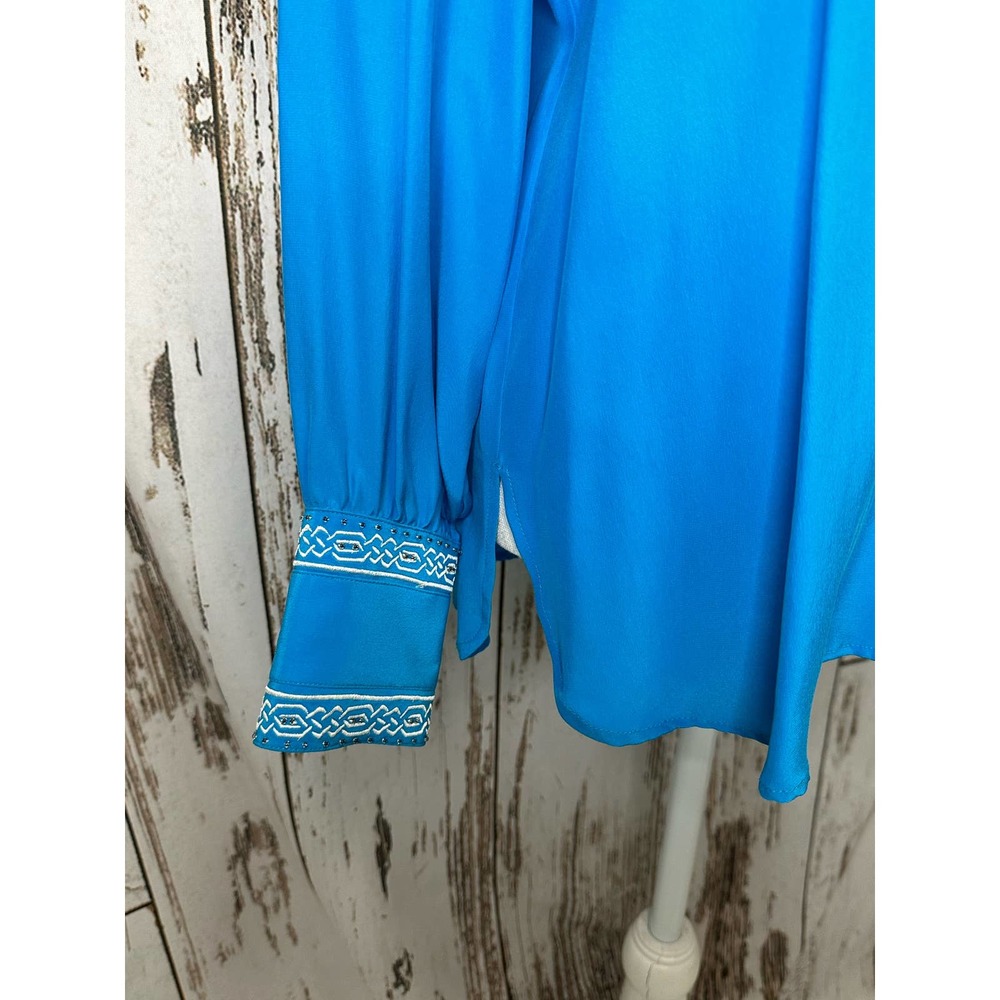 Blue Ice teal silk white embroidered beaded long sleeve blouse - Picture 2 of 5